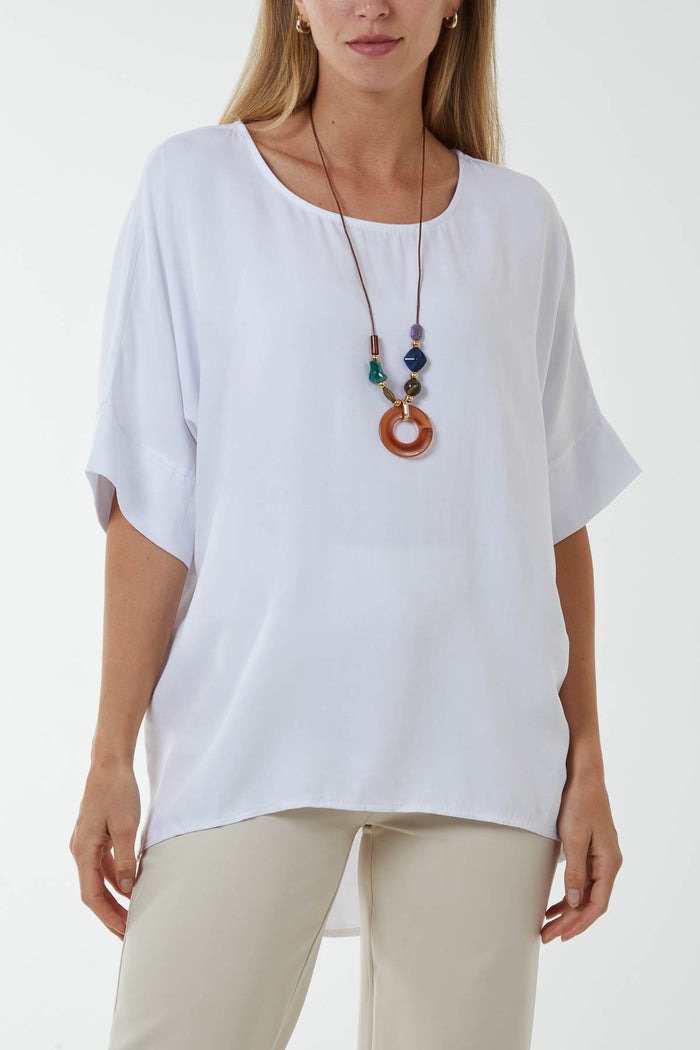 Button Back Asymmetric Necklace Top White