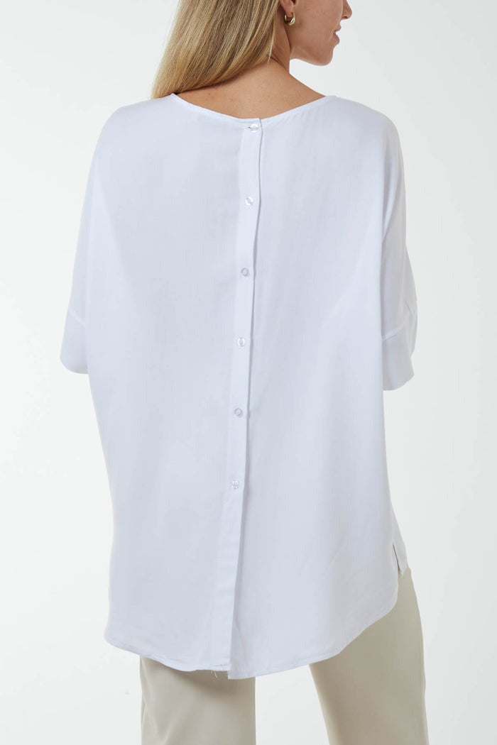 Button Back Asymmetric Necklace Top White