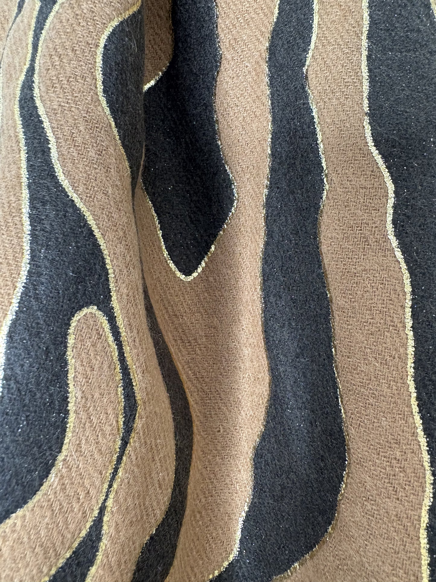 Black and tan printed scarf with gold detail