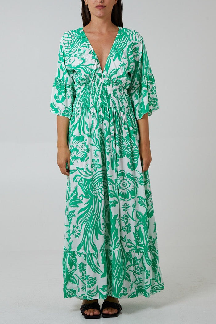 Lucinda Floral Shirred Waist Maxi Dress Jade