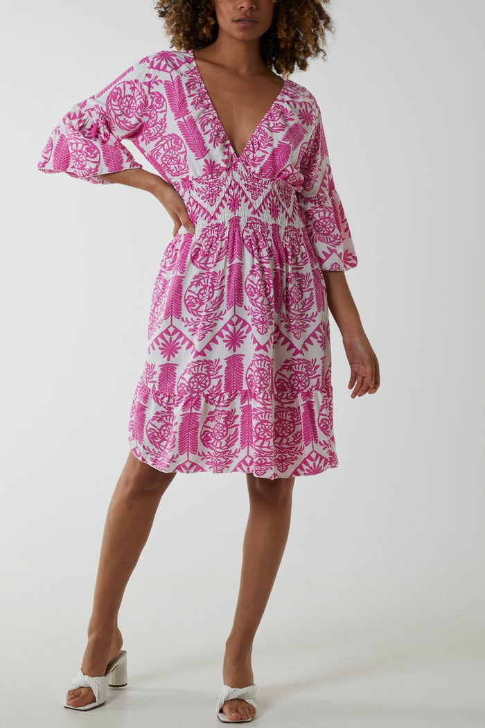 Damask Floral Shirred Bodice Dress Pink