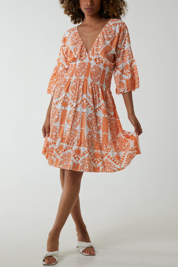 Damask Floral Shirred Bodice Dress Orange