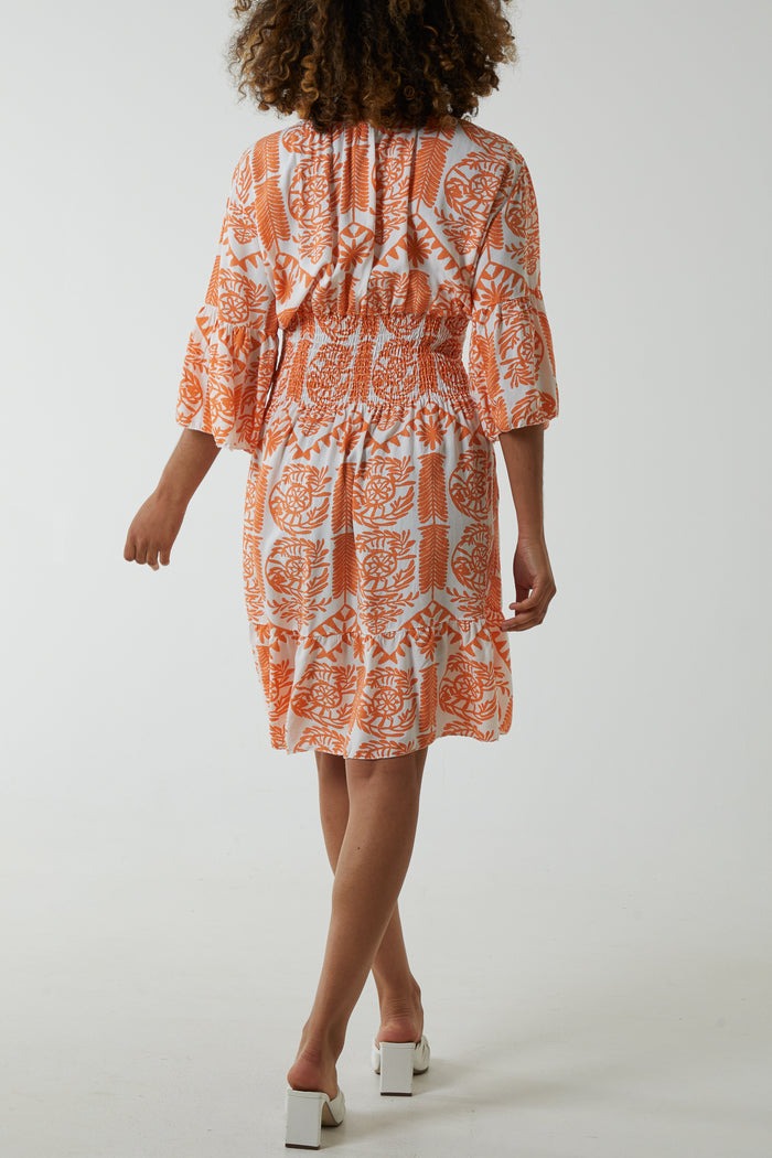 Damask Floral Shirred Bodice Dress Orange