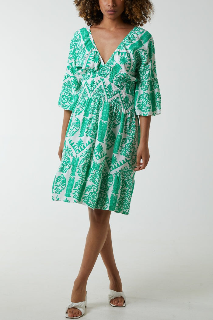 Damask Floral Shirred Bodice Dress Jade