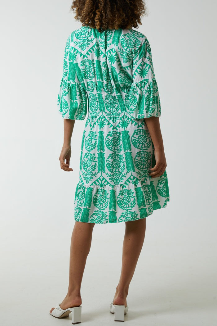 Damask Floral Shirred Bodice Dress Jade