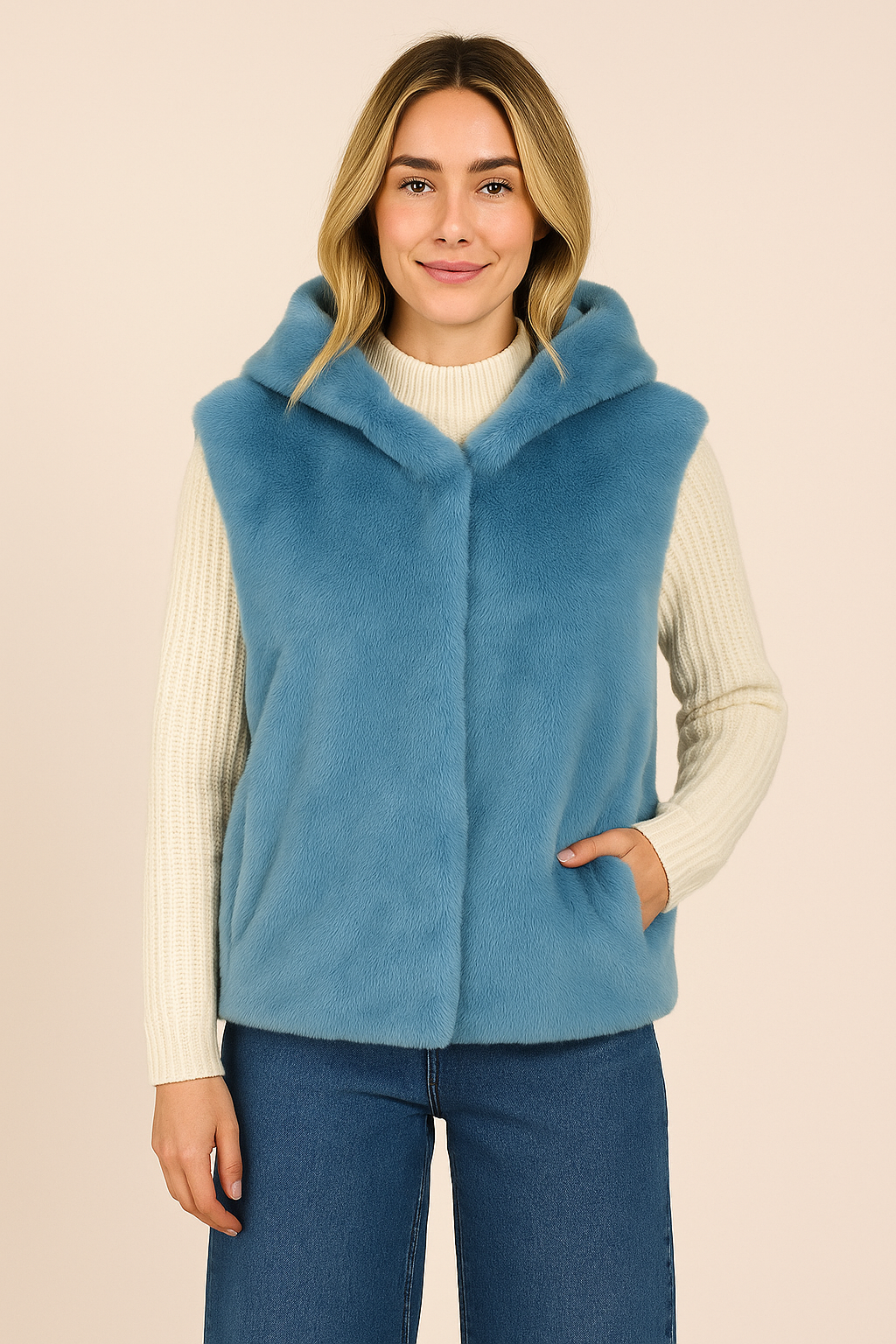 Faux Fur Hooded Gilet Jacket- Blue