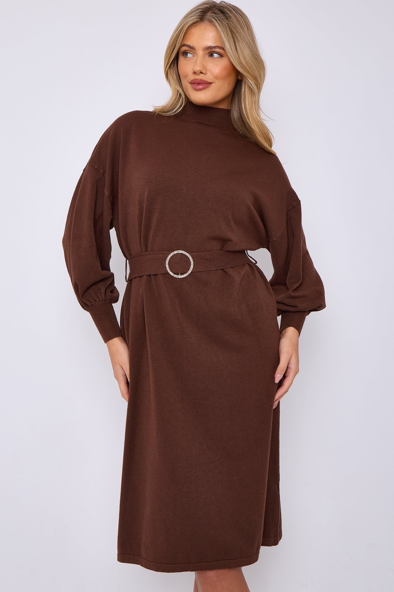 Diamante Buckled Puff Sleeves Knitted Dress - Chocolate