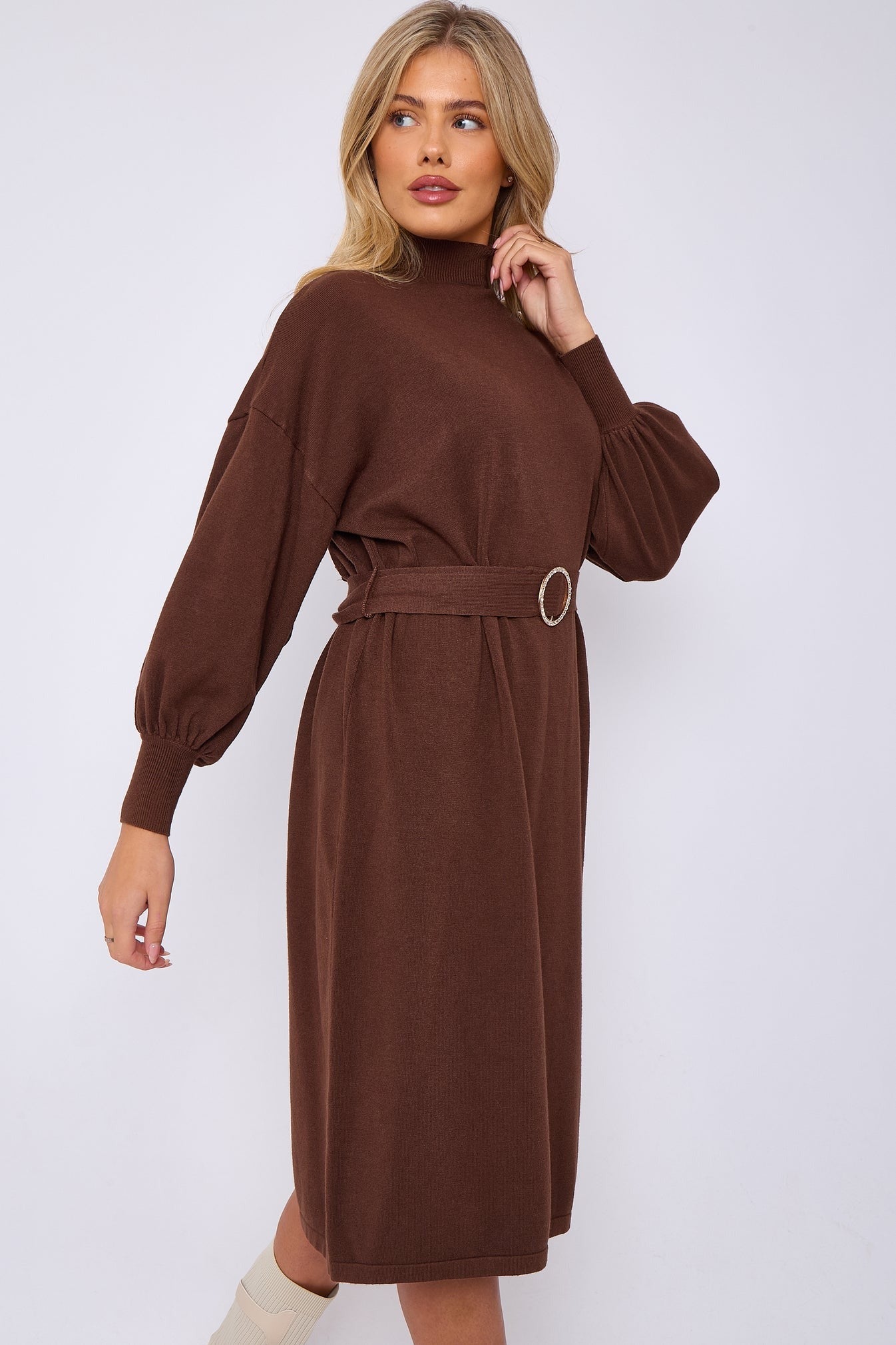 Diamante Buckled Puff Sleeves Knitted Dress - Chocolate