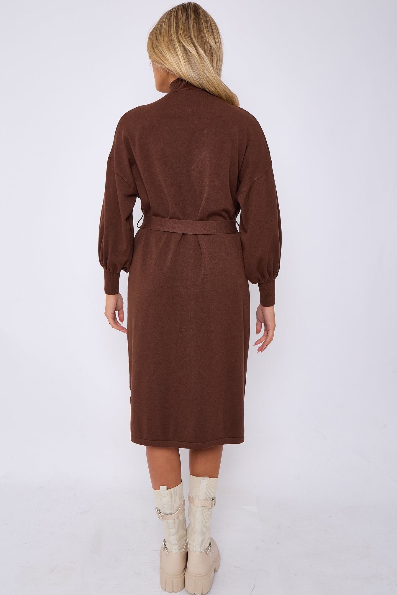 Diamante Buckled Puff Sleeves Knitted Dress - Chocolate