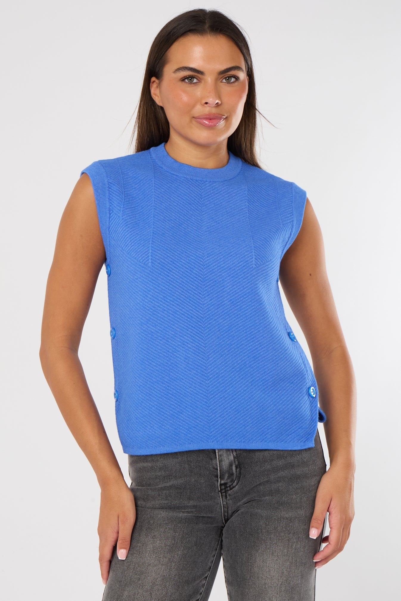 Herringbone Ribbed Side Button Gilet- Denim Blue