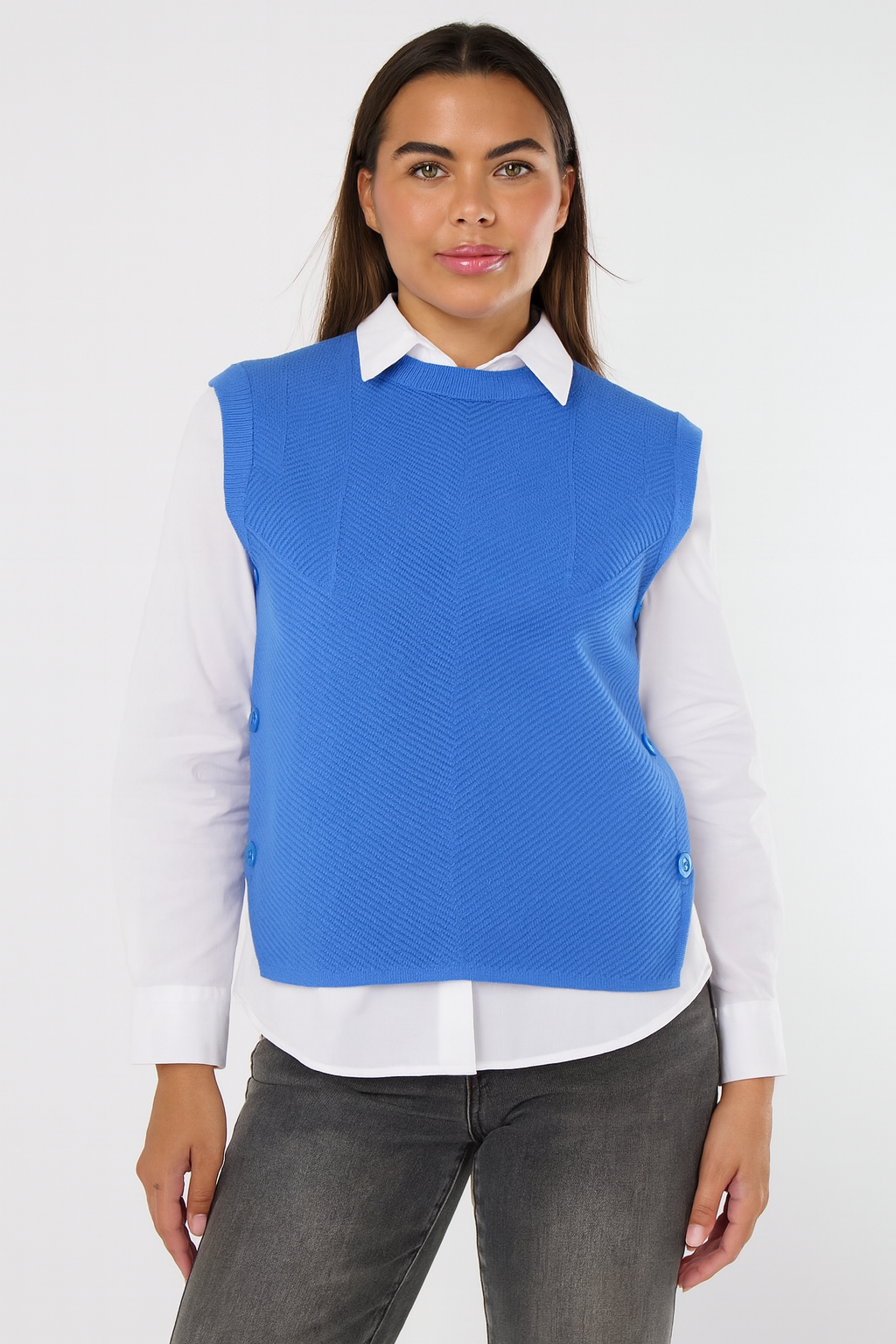 Herringbone Ribbed Side Button Gilet- Denim Blue