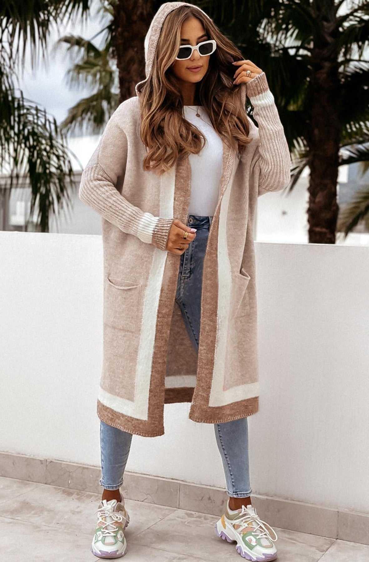 Bahira Longline Colour Block Knitted Cardigan-Brown