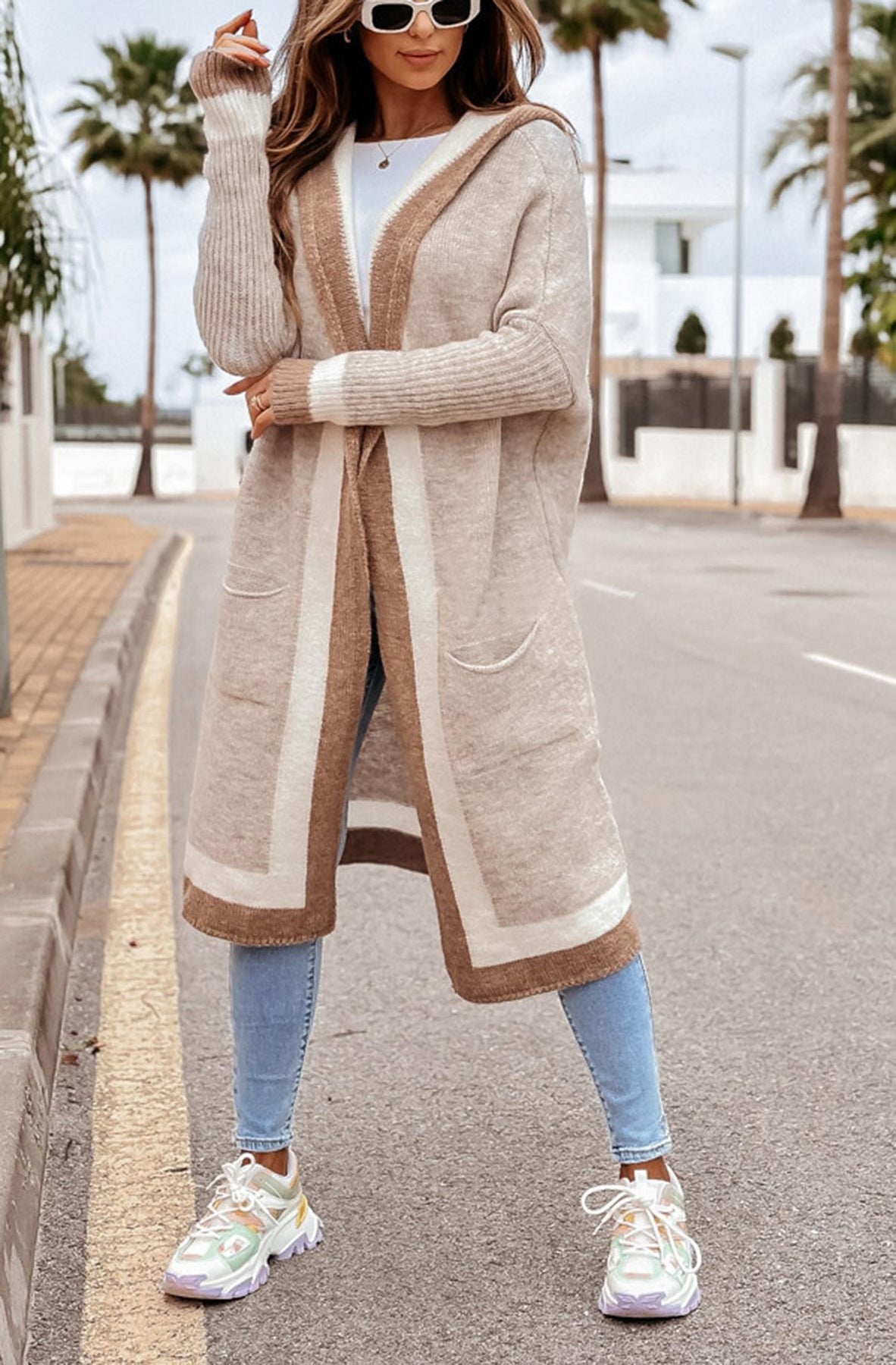 Bahira Longline Colour Block Knitted Cardigan-Brown