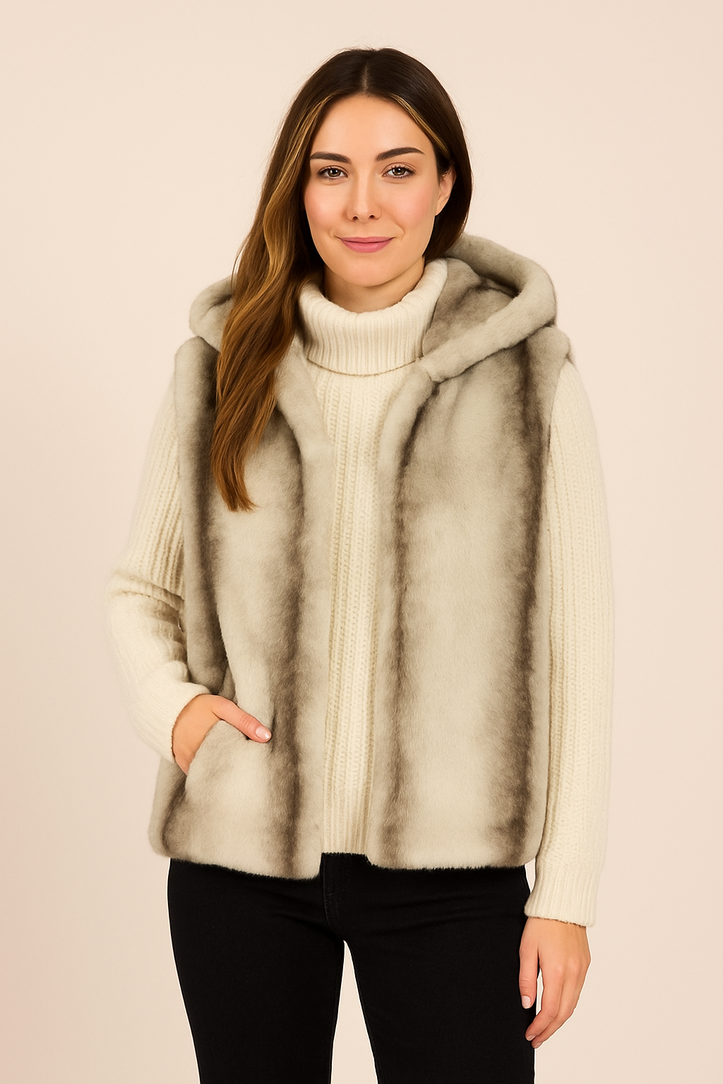Luxe Faux Fur Hooded Gilet - Beige