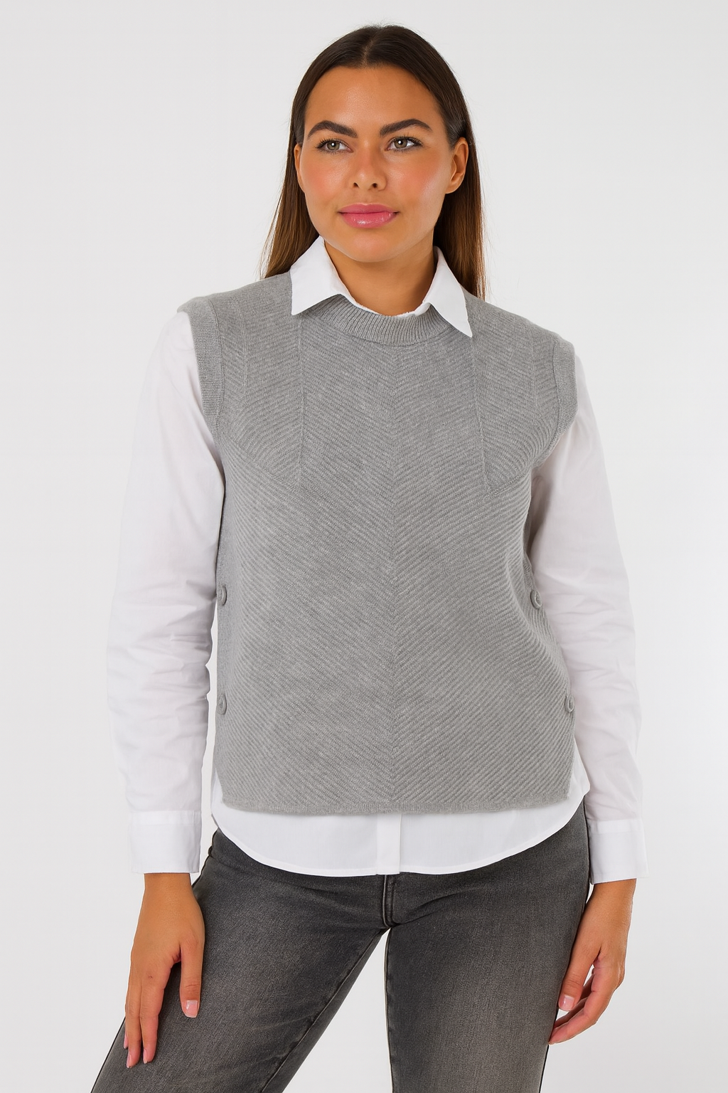 Herringbone Ribbed Side Button Gilet- Grey
