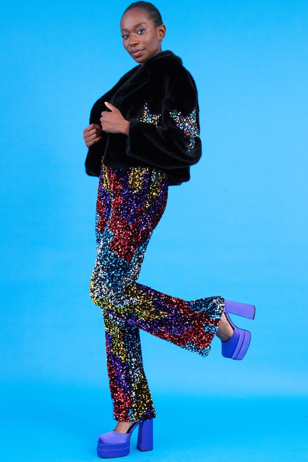Black Bamboo Faux Fur Sequins Star Jacket -SQFMW695A-01