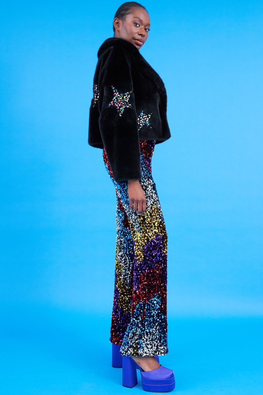 Black Bamboo Faux Fur Sequins Star Jacket -SQFMW695A-01