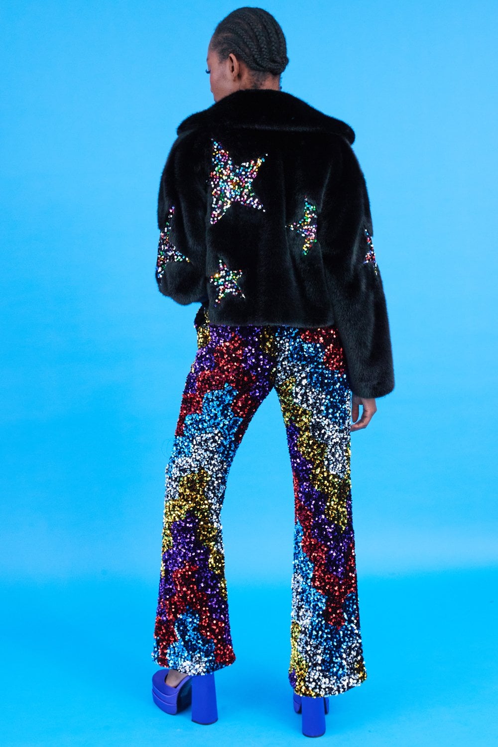 Black Bamboo Faux Fur Sequins Star Jacket -SQFMW695A-01