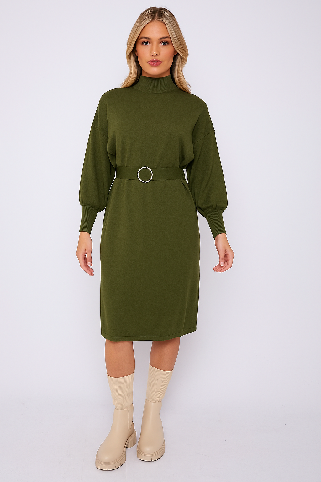 Diamante Buckled Puff Sleeves Knitted Dress - Khaki