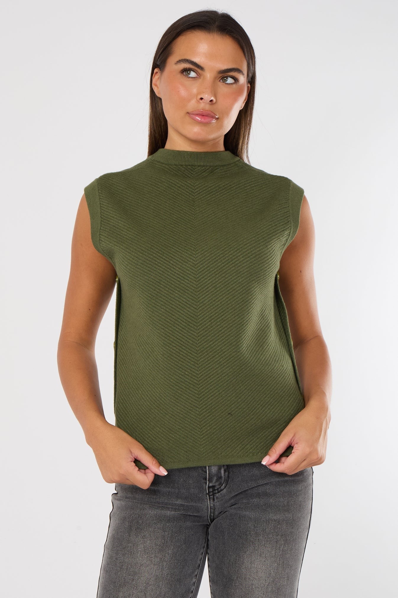 Herringbone Ribbed Side Button Gilet- Khaki