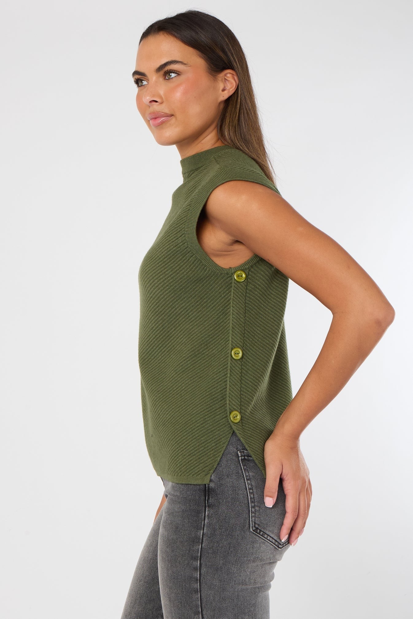 Herringbone Ribbed Side Button Gilet- Khaki