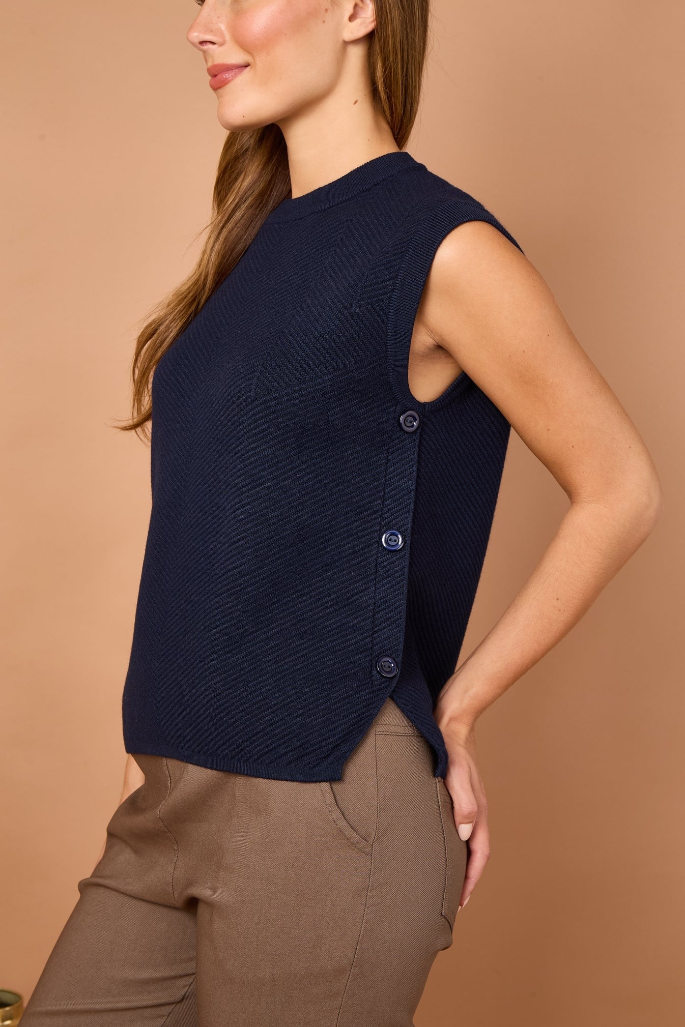 Herringbone Ribbed Side Button Gilet- Navy