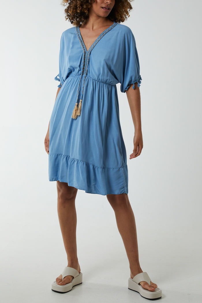 Eleanor Tiered Elasticated Detail Tassel Trim Dress Denim