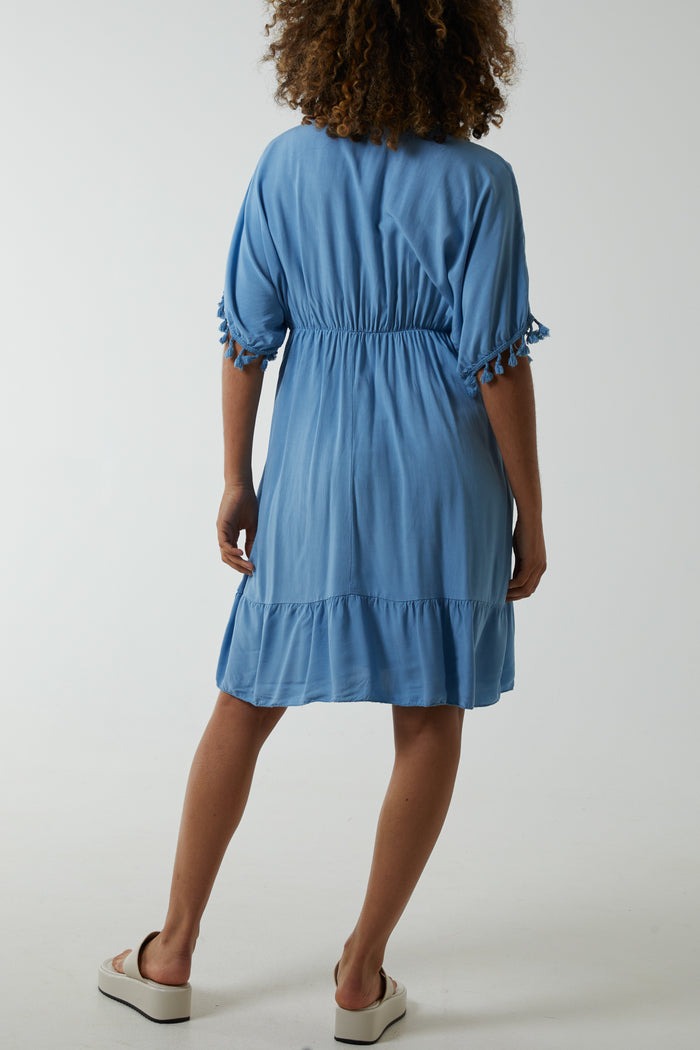Eleanor Tiered Elasticated Detail Tassel Trim Dress Denim