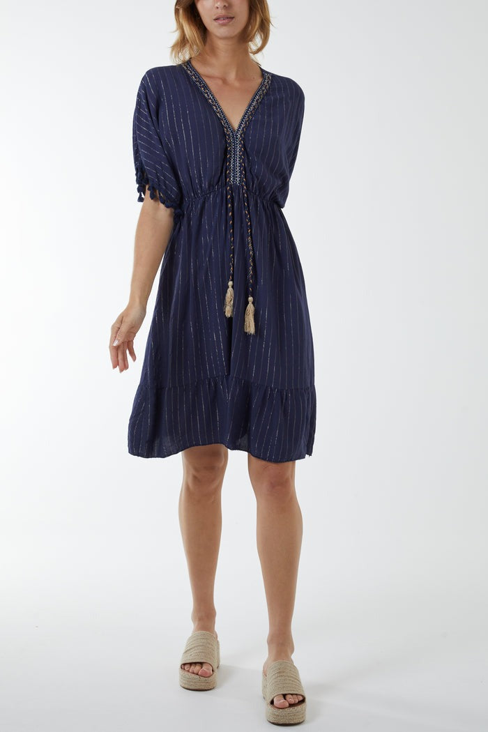 Josie Metallic Thread Detail Tassel Bobble Sleeve Dress Navy