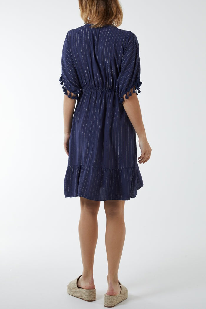 Josie Metallic Thread Detail Tassel Bobble Sleeve Dress Navy