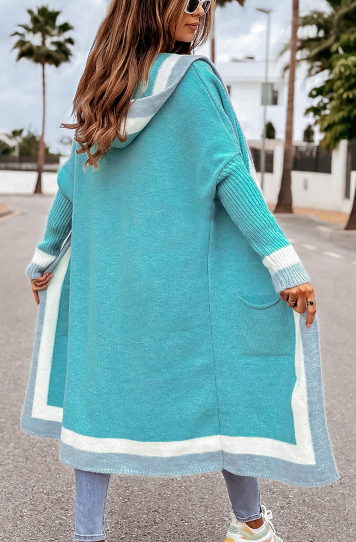 Bahira Longline Colour Block Knitted Cardigan-Turquoise