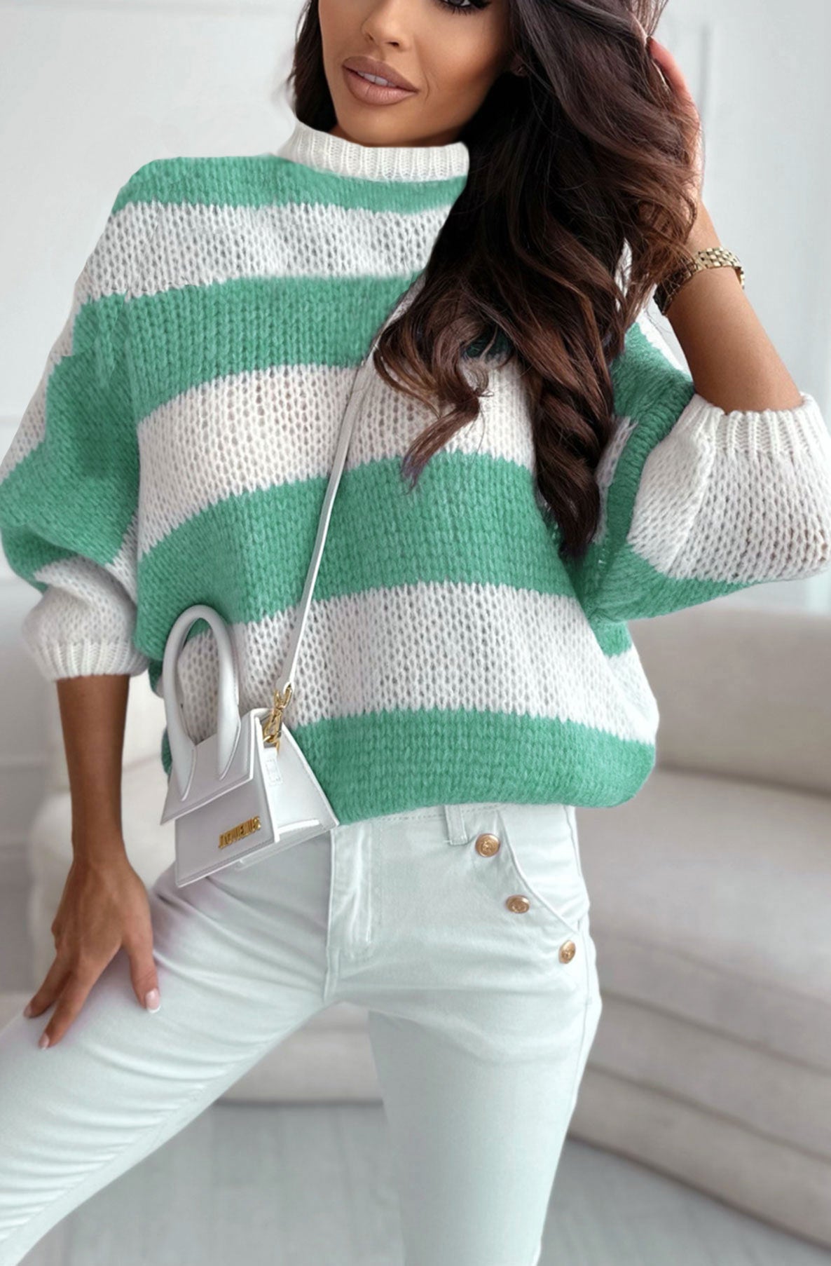 Binka Striped Knitted Jumper Sweater Top-Green