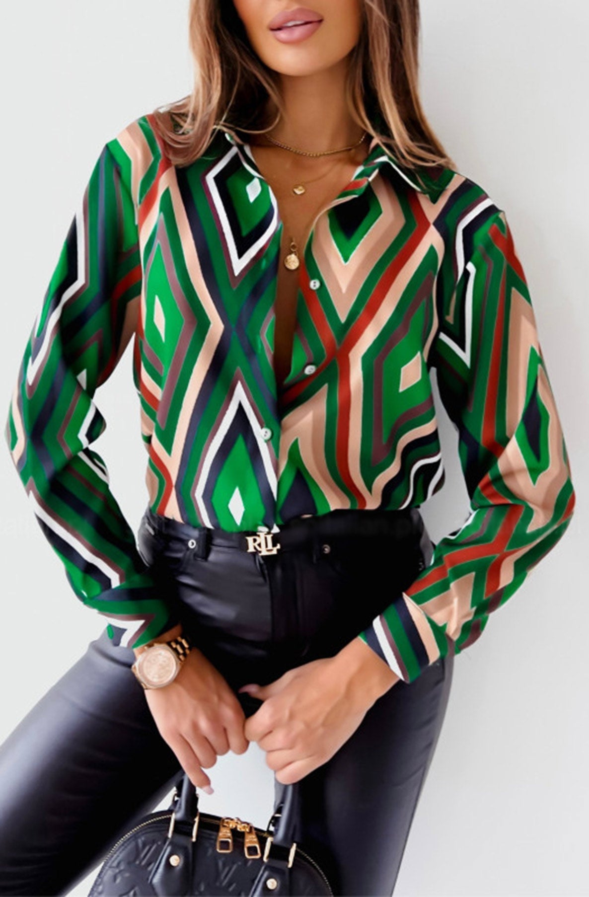 Bree Green Argyle Diamond Print Blouse Shirt Top