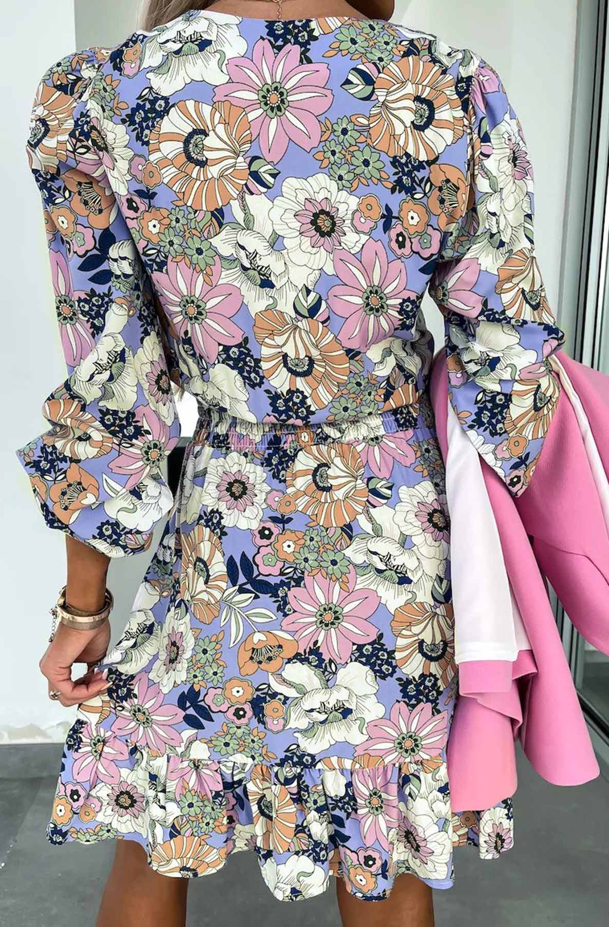 Briana Long Sleeves Floral Frill Dress-Purple