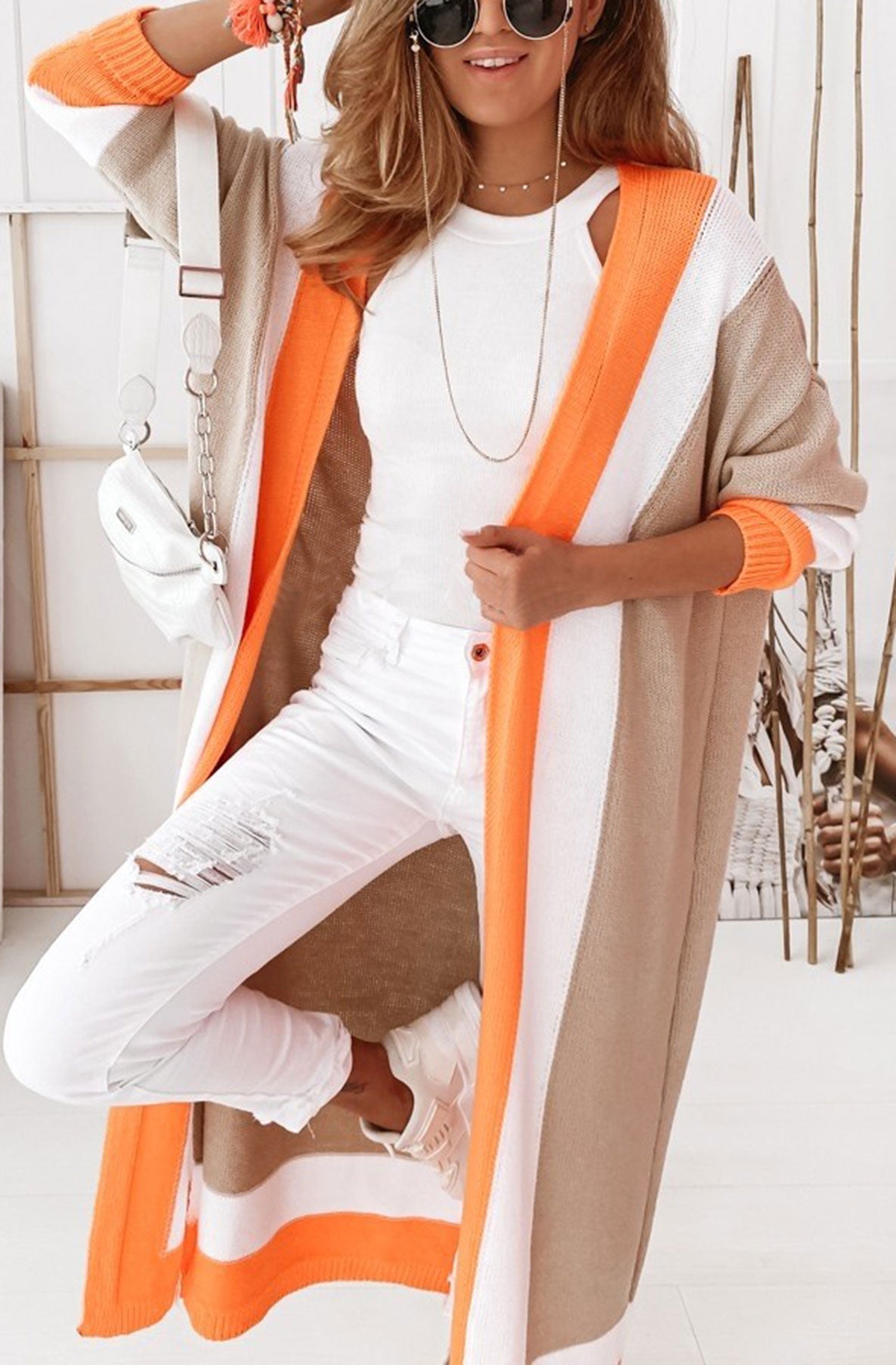 Cersei Longline Colour Block Cardigan-Orange