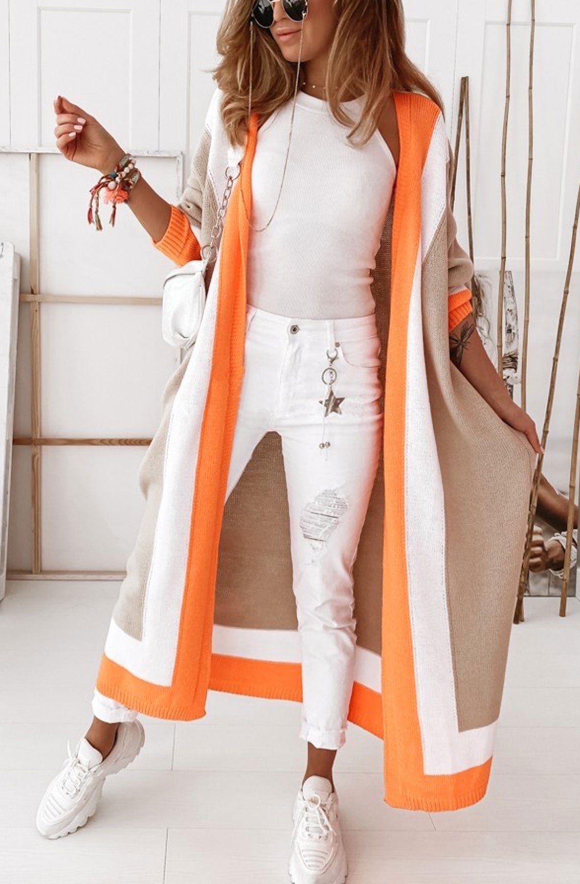 Cersei Longline Colour Block Cardigan-Orange