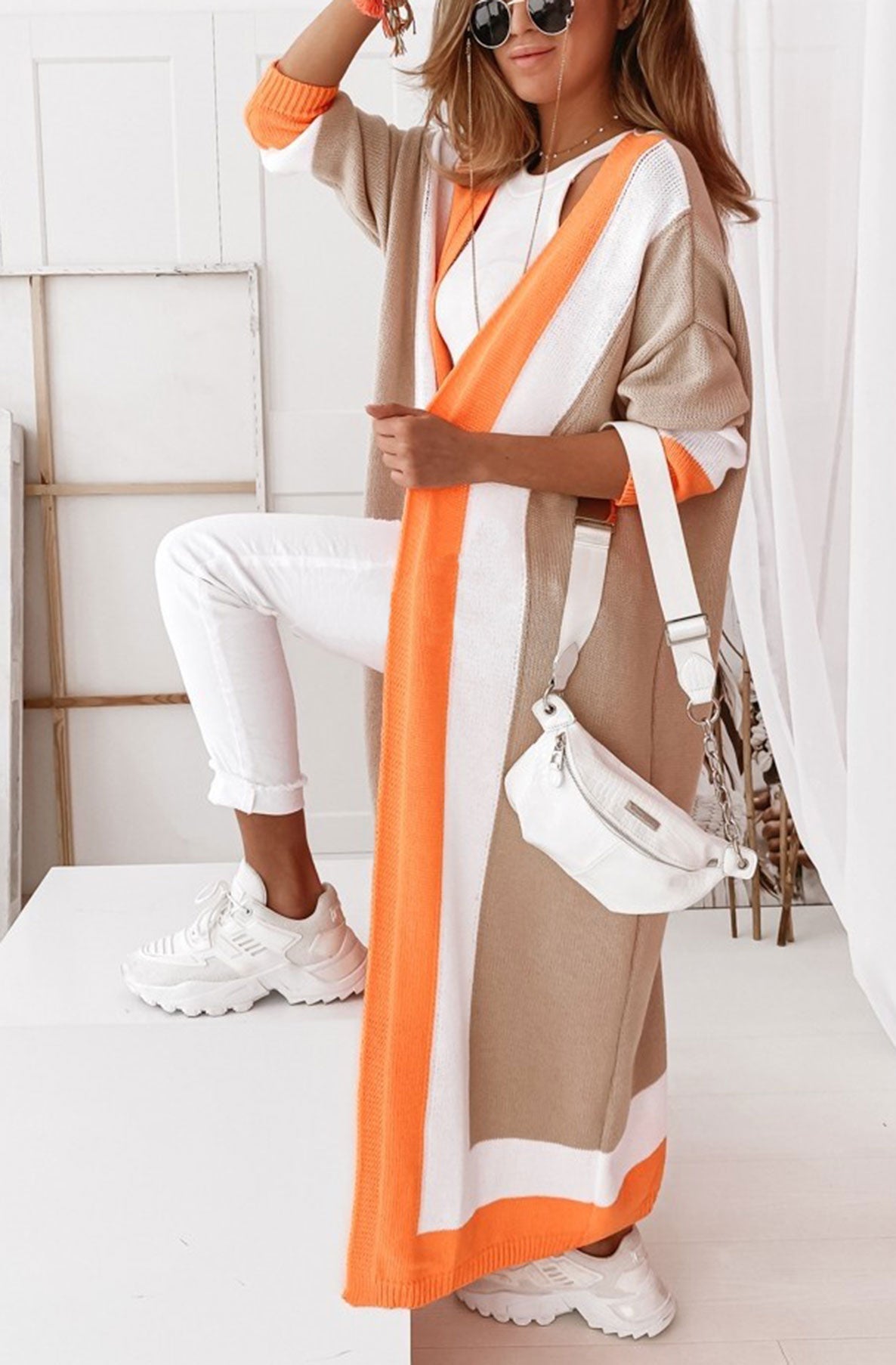 Cersei Longline Colour Block Cardigan-Orange