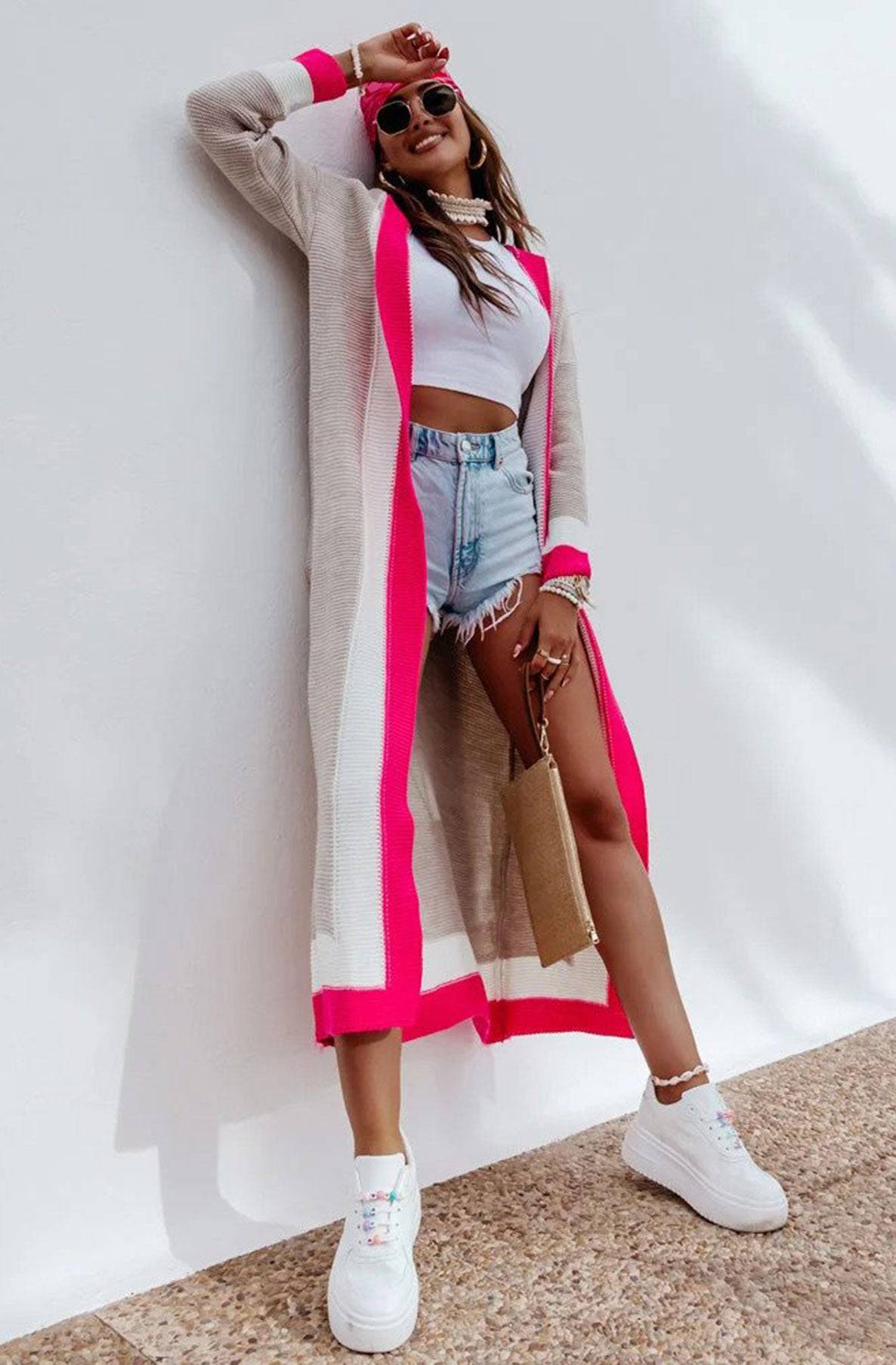 Cersei Longline Colour Block Cardigan-Hot Pink