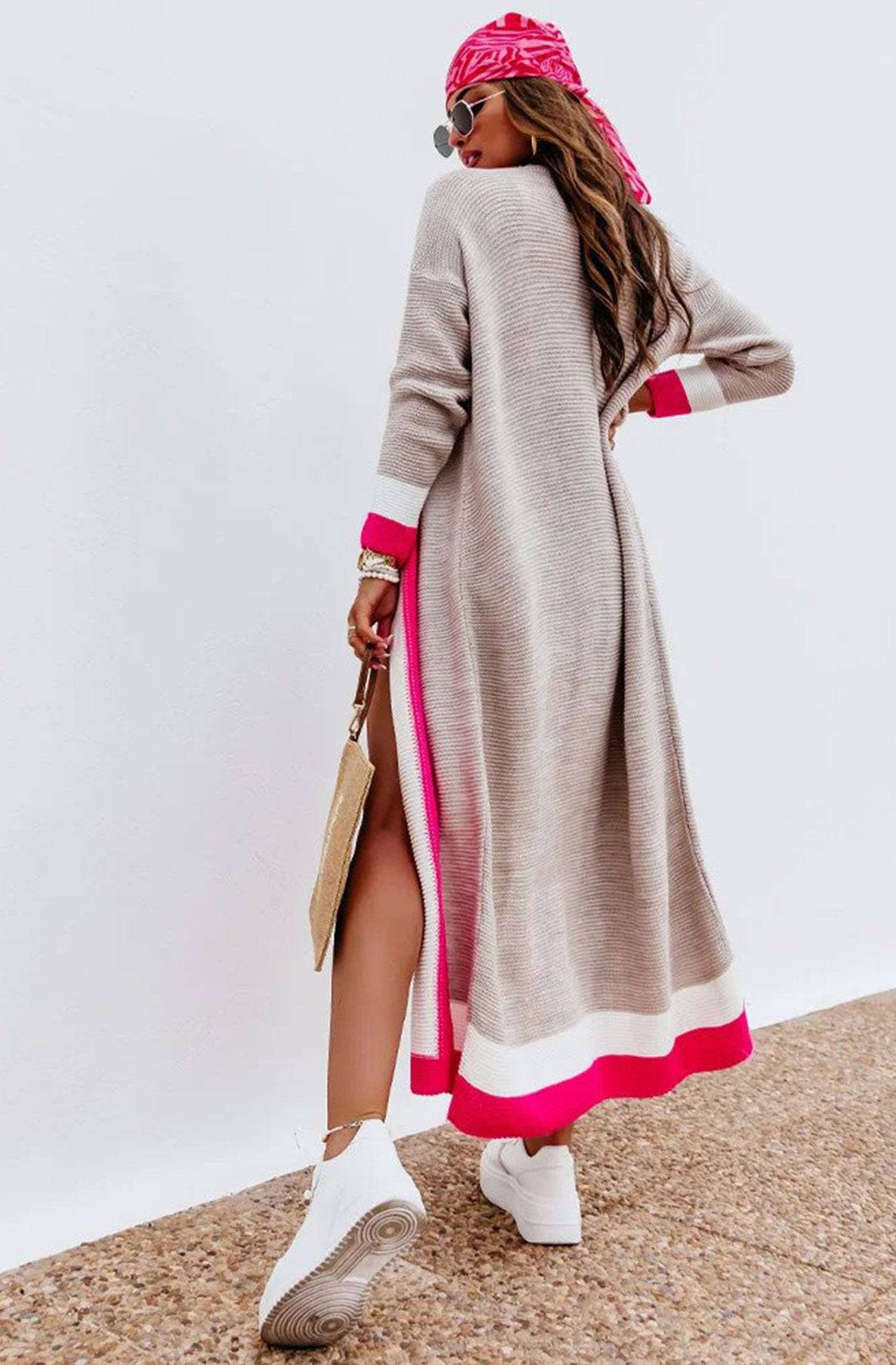 Cersei Longline Colour Block Cardigan-Hot Pink