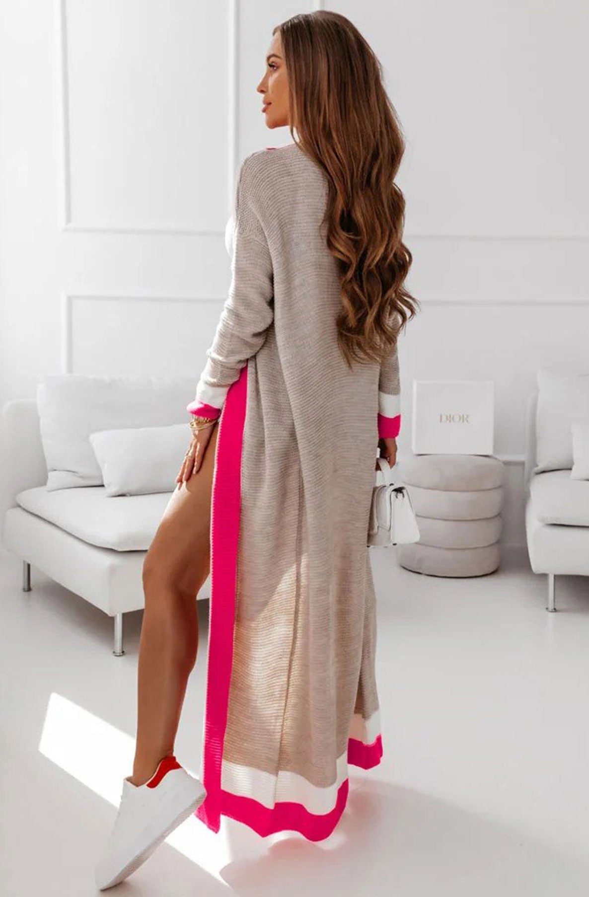 Cersei Longline Colour Block Cardigan-Hot Pink