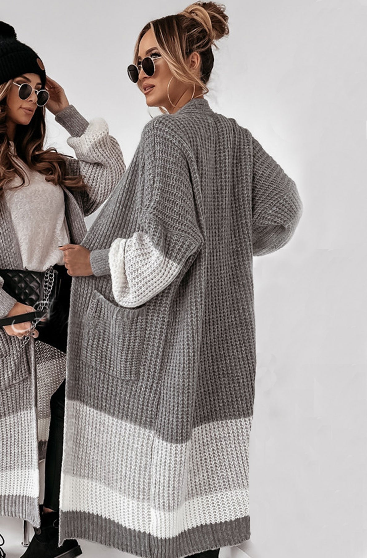 Zameka Longline Knitted Colour Block Open Cardigan-Grey