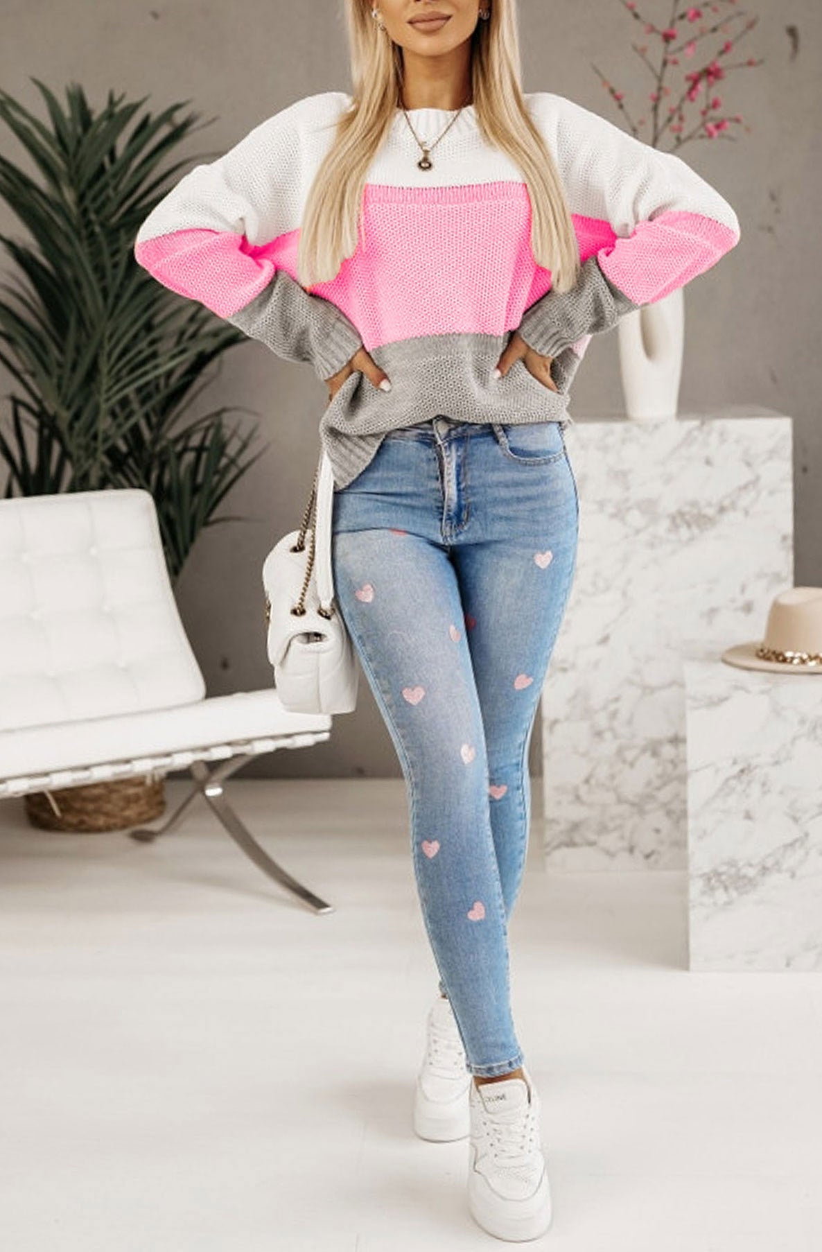 Heidi Colour Block Knitted Jumper Sweater Top-Pink