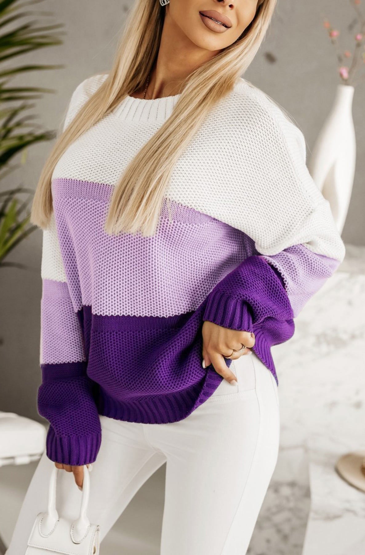 Heidi Colour Block Knitted Jumper Sweater Top-Purple