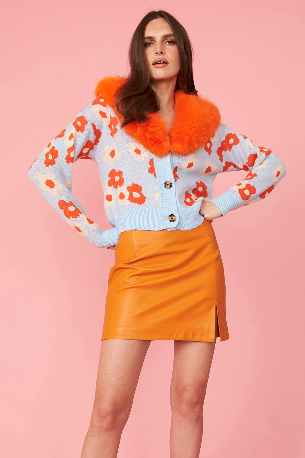 KNBFC40A-07T - Banana Peel Blend Floral Cardigan with Detachable Faux Fur Collar