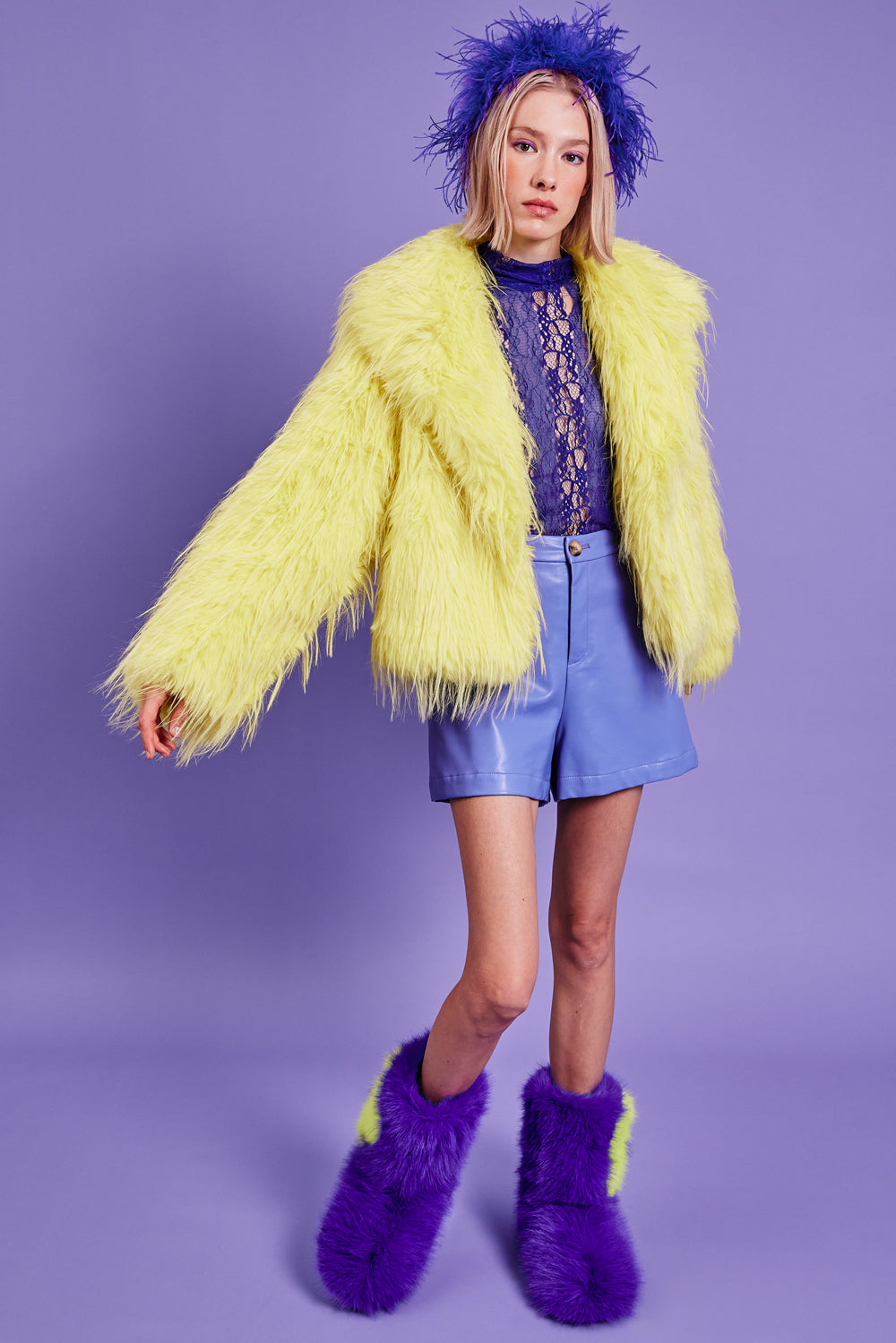 KNCHJ615A-0Y - Knitted Bamboo Faux Mongolian Fur Jacket