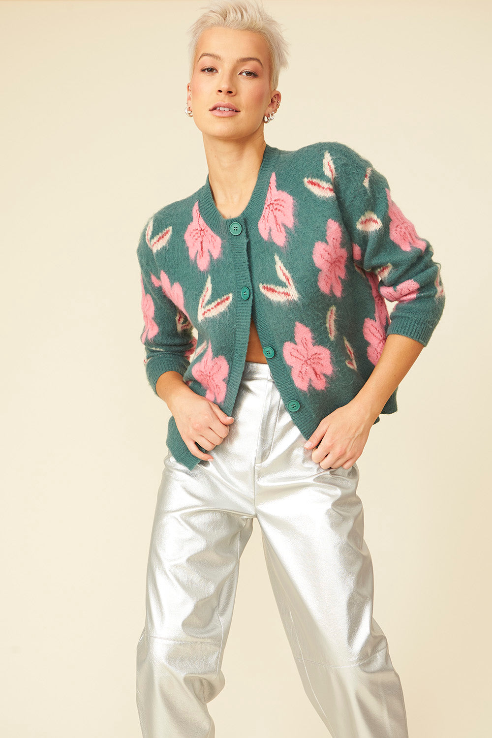 KNFC375A-07L - Banana Peel Floral Cardigan