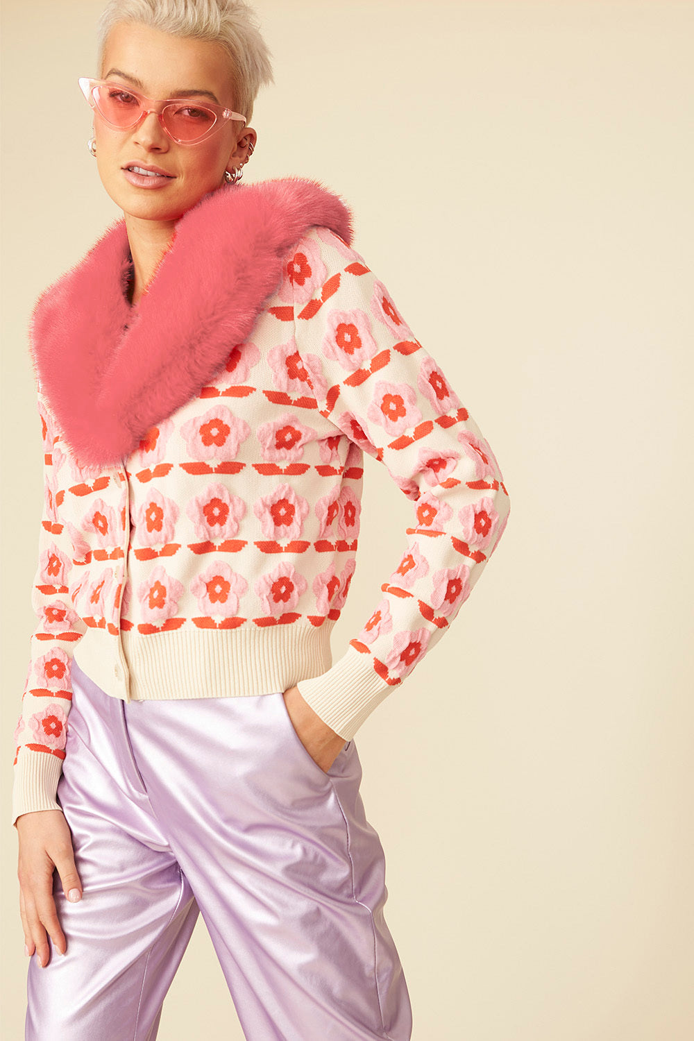 KNHFJ425A-06 - Banana Peel Blend Floral Cardigan with Detachable Faux Fur Collar
