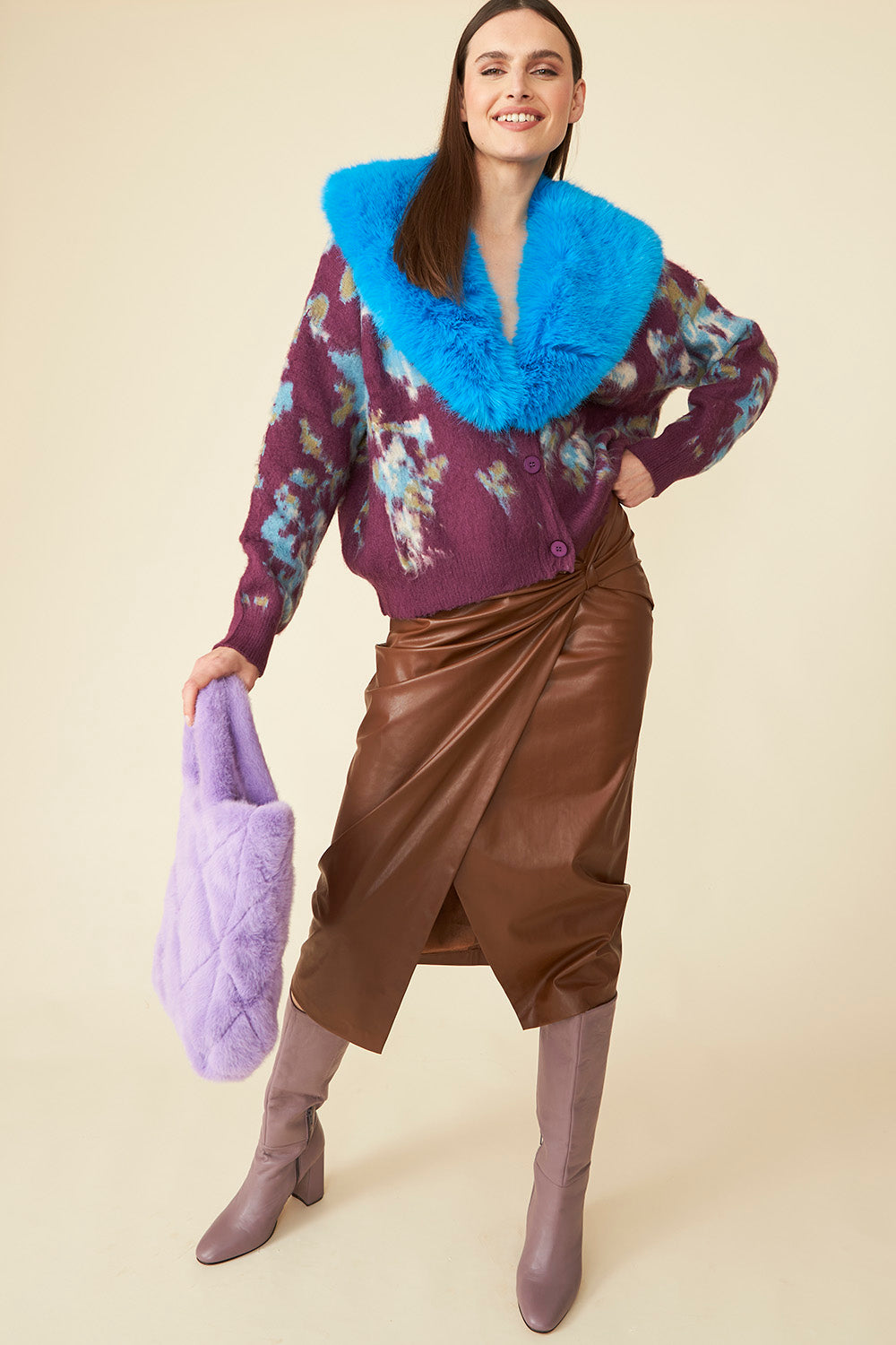 KNSC475A-05 - Banana Peel Blend Floral Cardigan with Detachable Faux Fur Collar