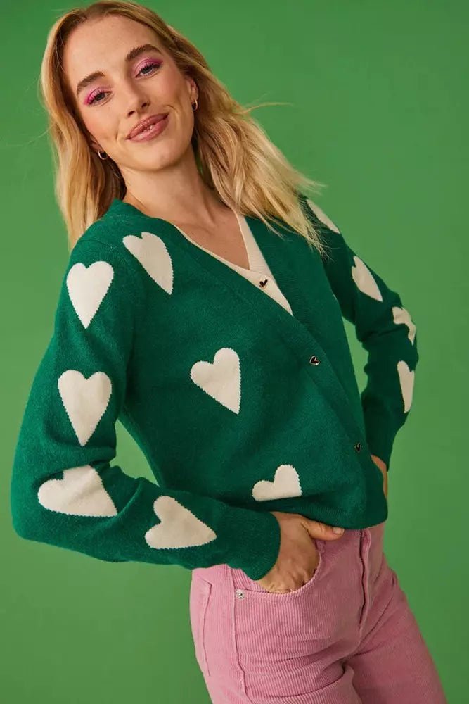 Jayley Green Love Heart Cashmere and Banana Peel Cardigan - style-heaven