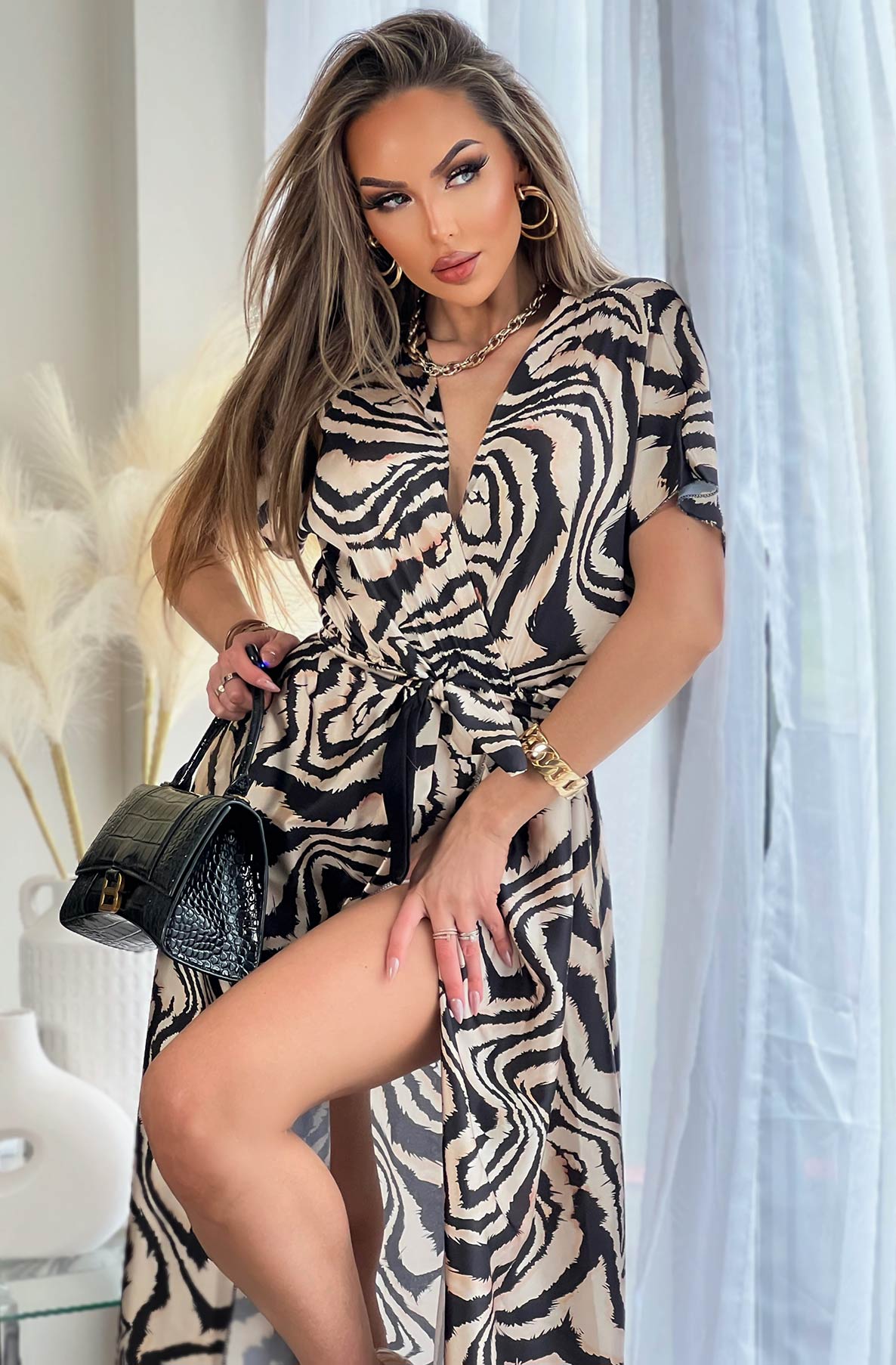 Kamika Tiger Print Satin Wrap Maxi Dress
